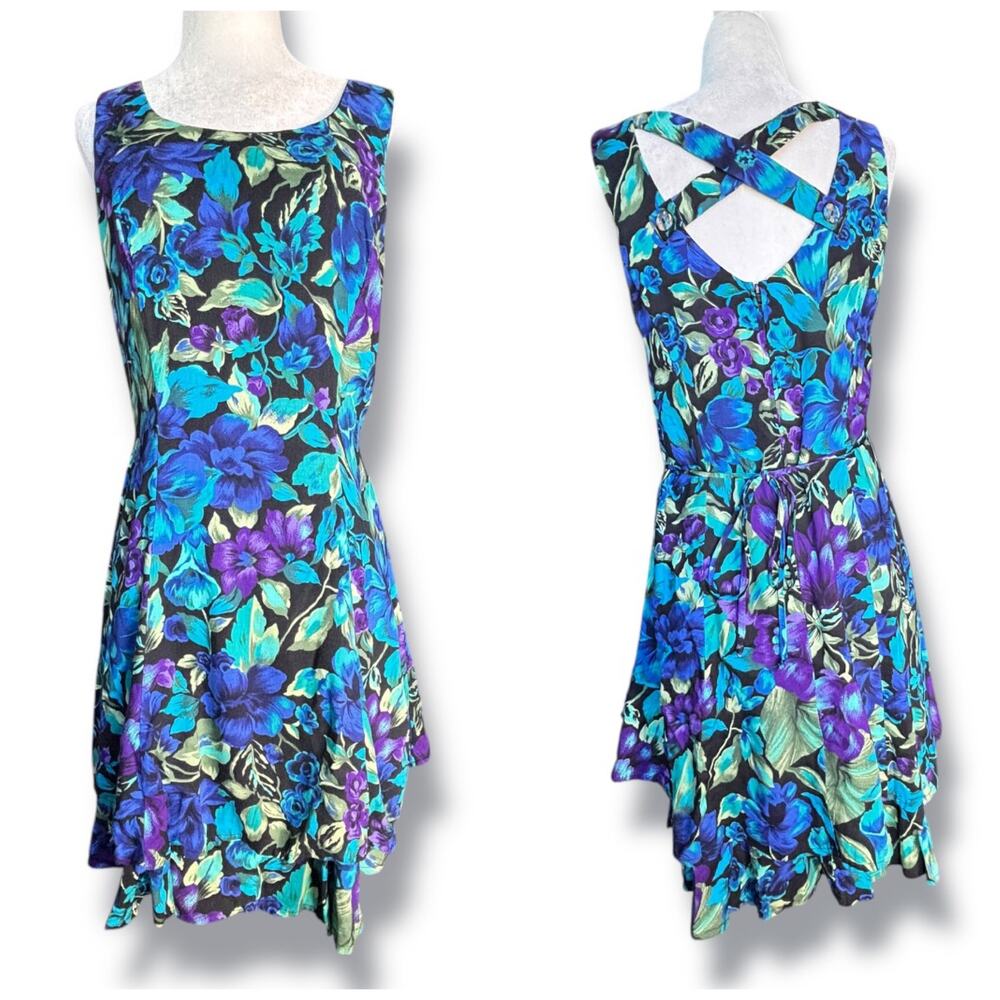 Vintage All That Jazz Blue Purple Floral Sleeveless‎ Open Cross Back Mini Dress